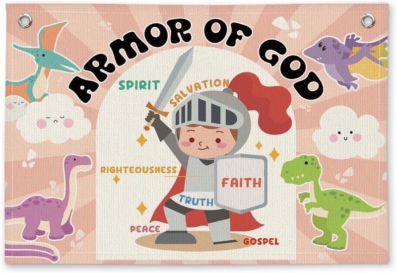 ETVISO Armor of God Dinosaur Inspirational Christian Kids Room Decor - Linen Banner Wall Hanging Canvas Banner Flag Decor for Toddler Kids Bedroom Playroom Classroom - Image 1